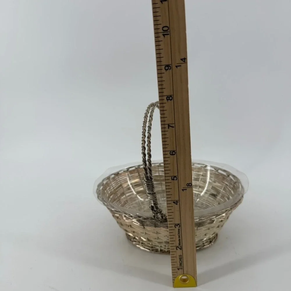 Vintage Silver Tone Woven Wire Oval Basket with Swing Handle and Liner